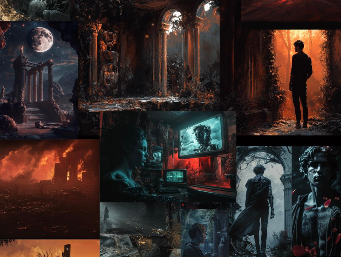 A mood collage for the memory archive. Dark tones, fiery skylines, crumbing cities and buildings.Silhouettes of a man in black.