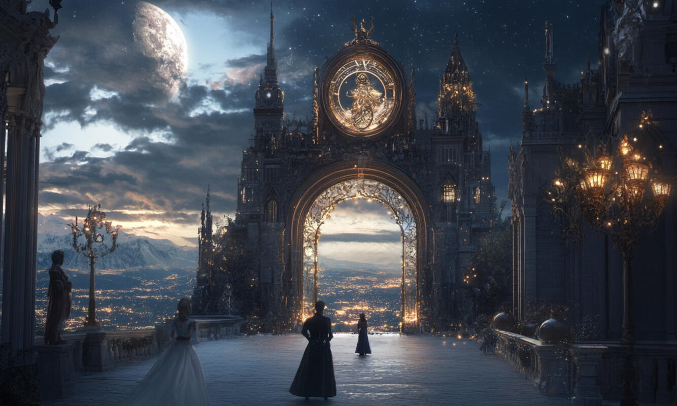 Image of a courtyard with ancient structures and archway. The sky is vivid with dramatic clouds. Just passed sunset. Two silhouettes are walking toward the archway.