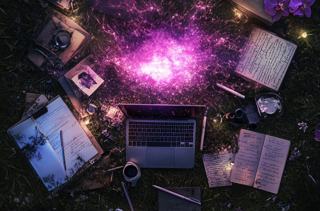 A flat lay image on grass, of a laptop, note pages, pens, surrounding a small pink swirling galaxy.